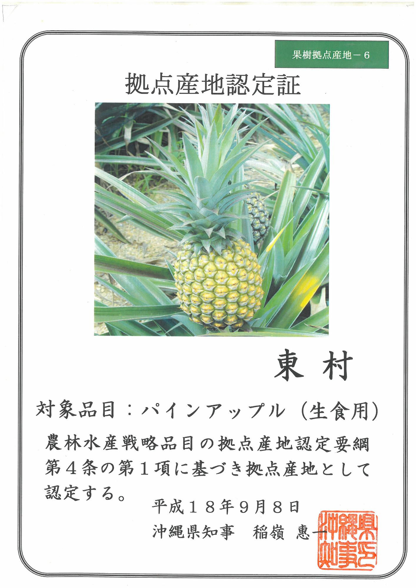 拠点産地認定証-パインアップル